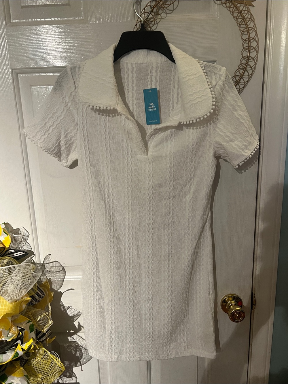 Cupshe White Mini Dress with Textured Knit and Pom Trim
